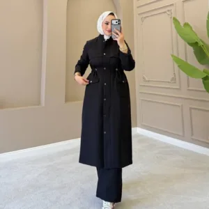 طقم كريب تونيك طويل بأزرار وبنطلون واسع - أسود